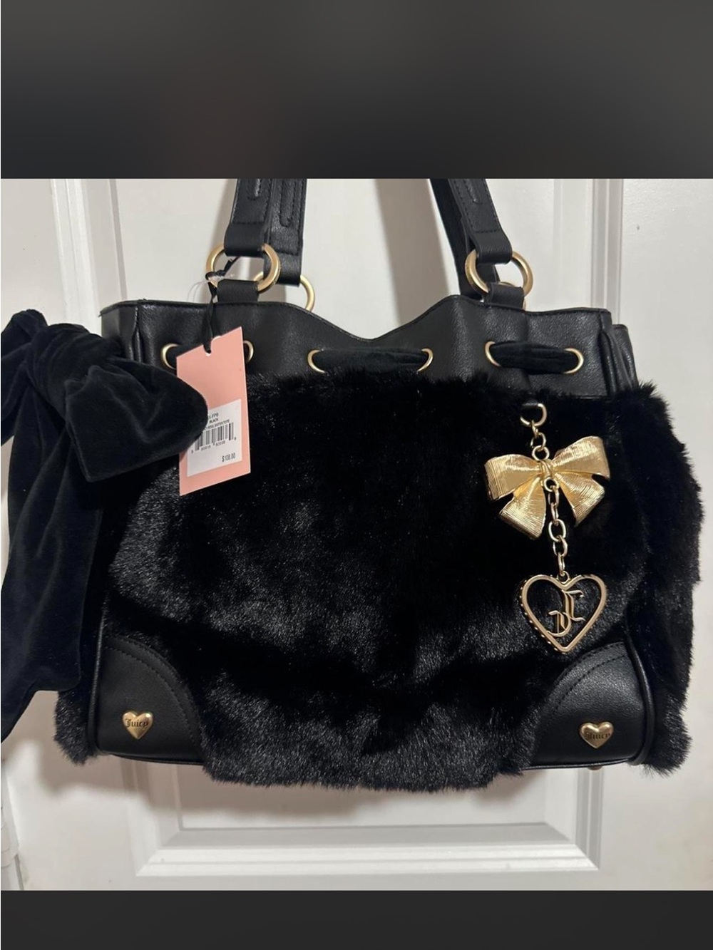 Juicy Couture Black Faux Fur Tote with Gold Bow & Heart Charm
